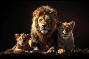 ai gegenereerd de leeuw familie Aan een zwart achtergrond foto