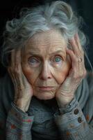 ai gegenereerd portret van een ouderen vrouw Holding haar hoofd foto