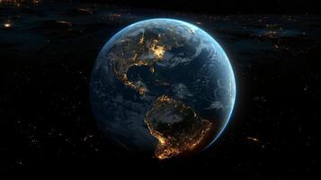 ai gegenereerd planeet aarde van buitenste ruimte Bij nacht met stad lichten. 3d illustratie foto