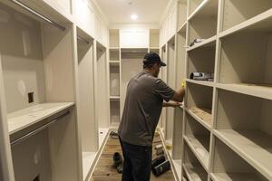 ai gegenereerd een Mens maakt een garderobe in een dressing kamer. de meester reparaties de kabinet foto