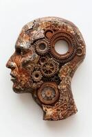 ai gegenereerd een menselijk hoofd met een getand uurwerk mechanisme. de concept van denken, besluitvorming. 3d illustratie foto