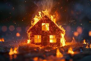 ai gegenereerd een speelgoed- houten huis Aan brand. de concept van veiligheid foto