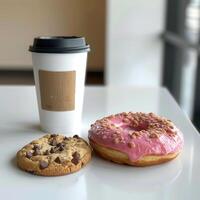 ai gegenereerd een karton koffie kop en twee donuts zijn Aan de tafel foto