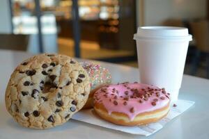 ai gegenereerd een karton koffie kop en twee donuts zijn Aan de tafel foto