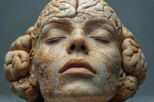 ai gegenereerd een artistiek beeldhouwwerk van een vrouw 's hoofd . de vrouw hoofd is gemaakt van gips. interieur details foto