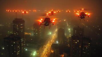 ai gegenereerd een eskader van onbemande antenne voertuigen patrouilles over- de avond stad foto