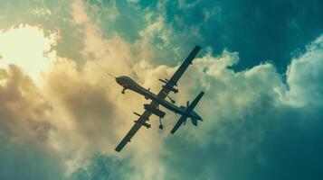 ai gegenereerd een leger onbemande antenne voertuig uav patrouilles vliegend over- de wolken foto