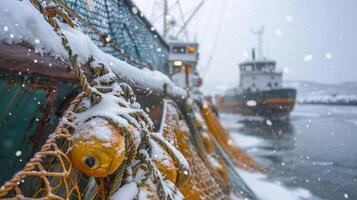 ai gegenereerd een visvangst schip sleept een netto met vis in de zwoel winter foto