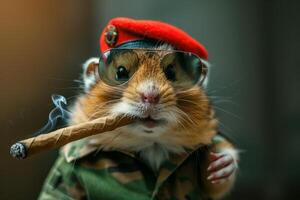 ai gegenereerd een hamster in een leger uniform en een rood bietje met een sigaar foto