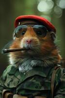 ai gegenereerd een hamster in een leger uniform en een rood bietje met een sigaar foto