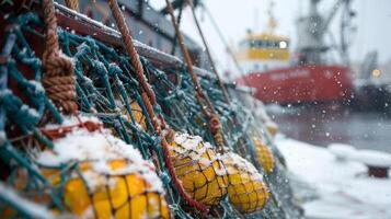 ai gegenereerd een visvangst schip sleept een netto met vis in de zwoel winter foto