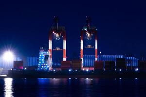 nacht kranen in de buurt de houder haven in tokyo lang schot foto