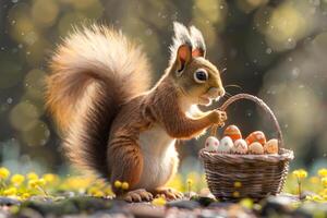 ai gegenereerd eekhoorn plukken Pasen ei van mand in weide foto