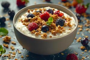 ai gegenereerd romig yoghurt met muesli en bessen foto