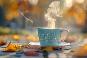 ai gegenereerd heet koffie kop met stoom- in herfst instelling foto