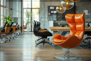 ai gegenereerd modern kantoor interieur met ontwerper oranje stoelen foto