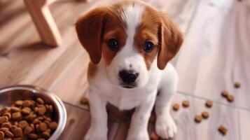 ai gegenereerd een klein schattig jack Russell puppy in de buurt een kom van voedsel. ai gegenereerd foto