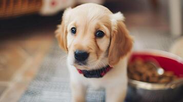 ai gegenereerd een klein schattig retriever puppy in de buurt een kom van voedsel. ai gegenereerd foto