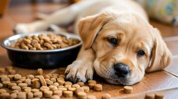 ai gegenereerd een klein schattig retriever puppy in de buurt een kom van voedsel. ai gegenereerd foto