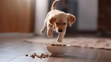 ai gegenereerd een klein schattig retriever puppy in de buurt een kom van voedsel. ai gegenereerd foto