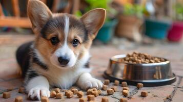 ai gegenereerd een klein schattig corgi puppy in de buurt een kom van voedsel. ai gegenereerd foto