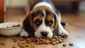 ai gegenereerd een klein schattig brak puppy in de buurt een kom van voedsel. ai gegenereerd foto