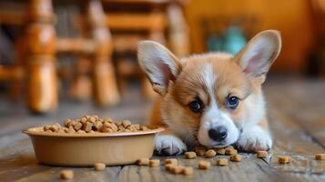 ai gegenereerd een klein schattig corgi puppy in de buurt een kom van voedsel. ai gegenereerd foto