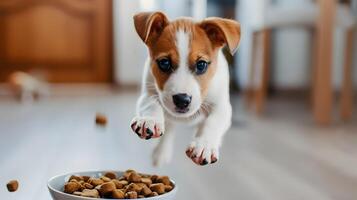 ai gegenereerd een klein schattig jack Russell puppy in de buurt een kom van voedsel. ai gegenereerd foto