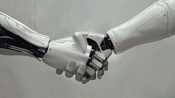 ai gegenereerd handdruk tussen een android robot en een menselijk net zo een wisselwerking gebaar. ai gegenereerd foto