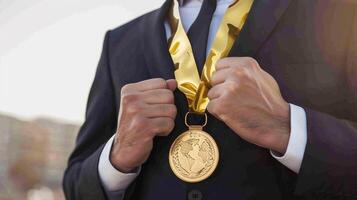 ai gegenereerd zakenman Holding een goud medaille in zwart pak. foto