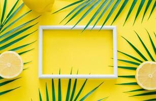 creatief modieus zomer samenstelling gemaakt van citroenen en tropisch groen palm bladeren met wit kader kopiëren ruimte Aan geel achtergrond. fruit minimaal concept. exotisch natuur vlak leggen. foto