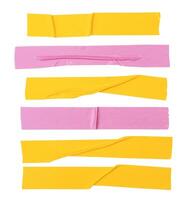 top visie reeks van gerimpeld geel en roze Zelfklevend vinyl plakband of kleding banden in streep vorm geïsoleerd Aan wit achtergrond met knipsel pad foto