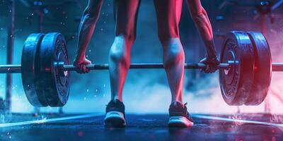 ai gegenereerd intens Sportschool opleiding sessie gefocust atleet het uitvoeren van deadlifts temidden van dramatisch rood rook foto