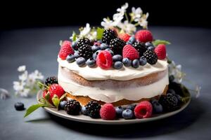 ai gegenereerd verjaardag gelaagde taart versierd met bessen, bosbessen, frambozen en bramen met bloemen Aan top Aan een donker grijs en zwart achtergrond voor verjaardag of partij foto