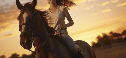 ai gegenereerd ruiter Bij schemer - jong vrouw rijden Aan hengst paard Bij zonsondergang foto