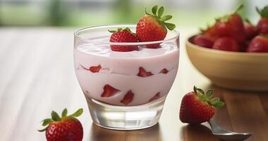 ai gegenereerd de gemakkelijk elegantie van aardbei en yoghurt in een glas foto