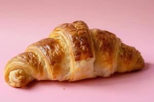 ai gegenereerd heerlijk croissant over- roze achtergrond foto