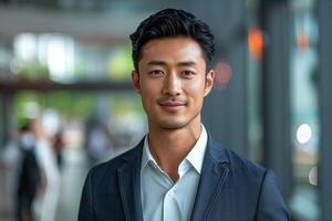 ai gegenereerd portret van geslaagd senior Aziatisch zakenman op zoek Bij camera en glimlachen in het kantoor. foto