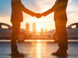 ai gegenereerd silhouet van twee mensen beven handen in voorkant van auto's met een zonsondergang achtergrond, concept voor geslaagd auto buying foto