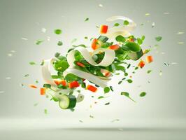 ai gegenereerd vers salade ingrediënten in beweging tegen een schoon achtergrond. een dynamisch beeld foto