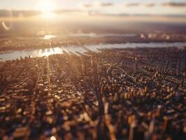ai gegenereerd antenne visie van nieuw york stad in de mand in de warm gloed van zonsopkomst met vaag horizon foto