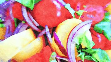 aquarelstijl vertegenwoordigen een detail van een salade met tomaat, aardappelen, rood ui, basilicum en extra maagd olijf- olie foto
