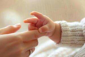 ai gegenereerd inschrijving moment van een baby Holding moeder hand. moeder dag concepten. generatief ai foto