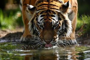 ai gegenereerd tijger drinken water, detailopname. generatief ai foto