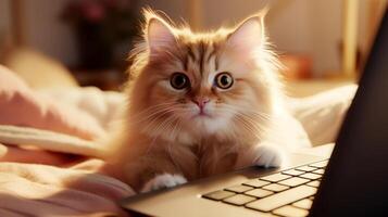 ai gegenereerd schattig kat in dichtbij omhoog zittend met laptop. online werk en scholing. generatief ai foto