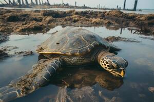 ai gegenereerd een zee schildpad leugens temidden van rotzooi, een waarschijnlijk slachtoffer van kust- vervuiling, met industrieel structuren in de achtergrond foto