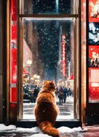 ai gegenereerd gember kat zittend Aan sneeuw en op zoek Bij camera. winter achtergrond. ai generatief foto