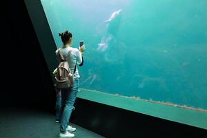 borst, Frankrijk 31 mei 2018 mam en zijn weinig dochter zijn op zoek Bij zee vis en dieren in de aquarium van de oceanopolis foto