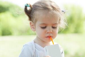 zonnig portret van een weinig kind drinken van een rietje sap op wazig zomer achtergrond foto