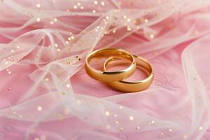 ai gegenereerd gouden bruiloft ringen Aan sparkly roze kleding stof foto